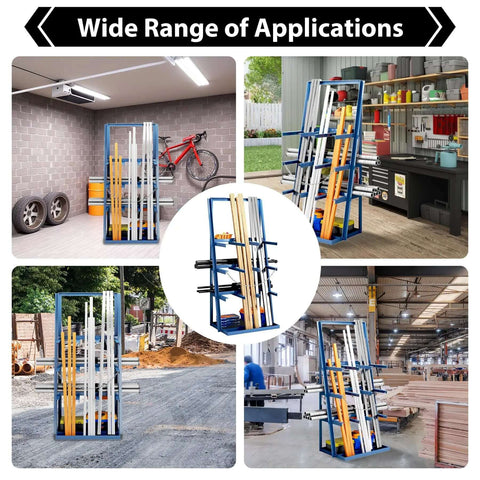 Vertical Bar Rack For Workshop Or Garage, Heavy Duty Pipe And Lumber Storage System With 3000 Lb Capacity, shown in various settings