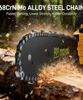 Powerful Cordless 40V 14 Inch Chainsaw with 68CrNiMo alloy steel chain cutting a log