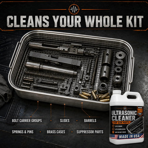 Pro Grade Ultrasonic Gun Cleaner Solution That Hits Different On Stubborn Carbon And Gun Oil With Zero Hard Scrubbing One Concentrated Gallon Mixes Straight Into Two Hundred Ready To Shoot Parts USA Made in stainless cleaning tank with gun components.
