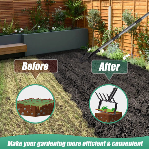Before and after garden soil image with 82 Inch Adjustable Garden Hoe And Cultivator Rake With Five Tines A 2 In 1 Weeding And Planting Tool