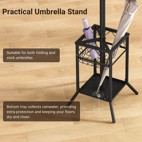 No Fuss Freestanding Coat Rack With 12 Hooks And Umbrella Holder showing umbrella stand detail and rainwater tray