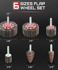 Image of Six Sizes Flap Wheel Set with Quarter Inch Shank for Smoothing Wood and Metal Surfaces