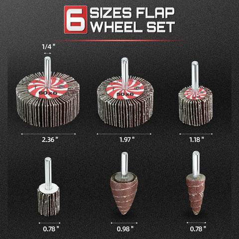 Image of Six Sizes Flap Wheel Set with Quarter Inch Shank for Smoothing Wood and Metal Surfaces