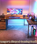 Dope 63 Inch L Shaped Desk With Built In Power Outlets And USB C Port for home office, rustic brown, gaming setup