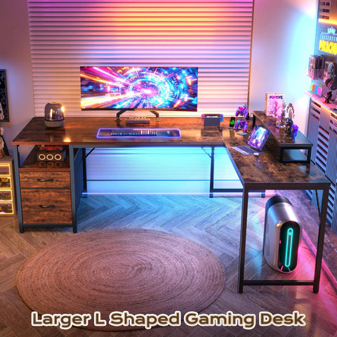 Dope 63 Inch L Shaped Desk With Built In Power Outlets And USB C Port for home office, rustic brown, gaming setup