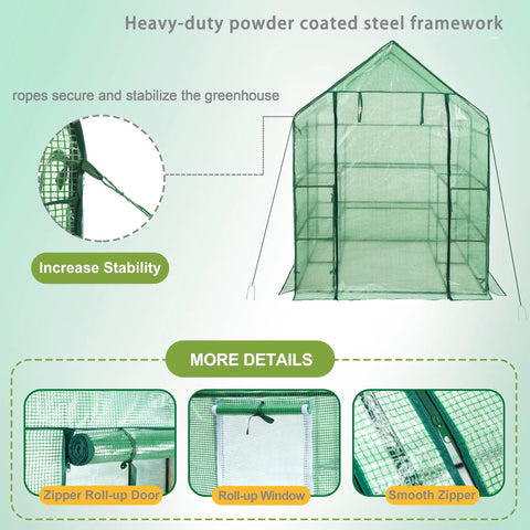 Diagram of Walk-In Greenhouse With 57x61x80 Inch Footprint, 3 Tiers And 10 Shelves, Roll-Up Door And Observation Windows