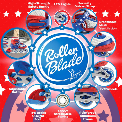 LED Light Up Inline Skates For Kids With Three Adjustable Sizes, features like safety buckle, PVC wheels, and aluminum frame