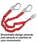 Stretch Shock Absorbing Lanyard For Work Sites 6 Ft Double Leg Elastic Safety Lanyard With Center Self Locking Snap Hook Heavy Duty Steel Rebar Hook Ends 310 Lb Capacity Red