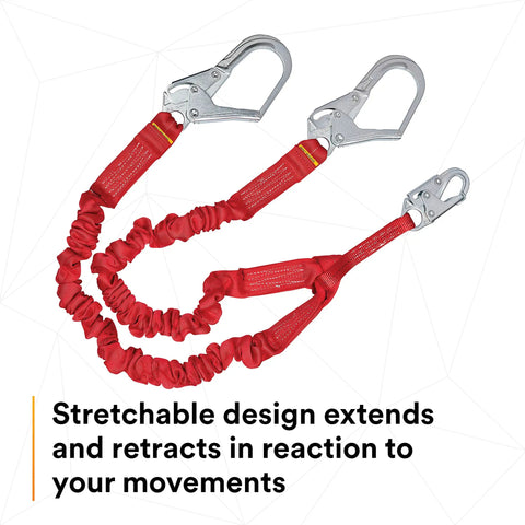 Stretch Shock Absorbing Lanyard For Work Sites 6 Ft Double Leg Elastic Safety Lanyard With Center Self Locking Snap Hook Heavy Duty Steel Rebar Hook Ends 310 Lb Capacity Red