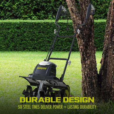 Corded Electric Garden Tiller And Cultivator With 15 Amp Motor 6 Steel Tines And 15.7 Inches Tilling Width Near Tree
