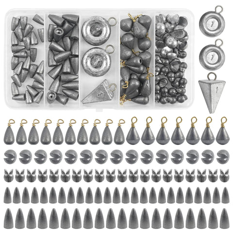 All Purpose Fishing Sinker Weights Kit With 100 Pcs Varied Bass Casting Sinkers Removable Split Shot Bell Drop Pyramid Disc Weights For Saltwater And Freshwater Catfish Angling Gear displayed in box