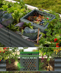 Garden view of Kitchen Compost Bin Set with 1 Gallon Indoor Countertop Bin and 8 Gallon Outdoor Worm Bin, lid, gloves, jute blanket.