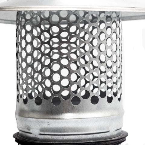 Close-up of 4 Inch Round Chimney Cap with Galvanized Steel Build and Rubber Seal for roof vent, showing metal mesh guard.
