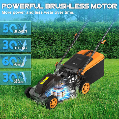 40V Cordless Lawn Mower With Brushless Motor 18 Inch Deck 6 Position Height Adjustment Requires Two 20V Max Batteries No Battery Included Compatible With Existing 20V System For Quick Yard Cleanup Mow Through The Yard With Ease. brushless motor graphic