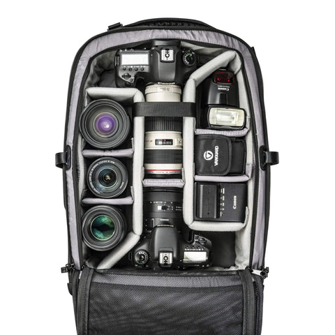 55BT Carry On Camera Backpack Trolley For DSLR And Mirrorless Gear Green On The Go Travel Case interior with lens compartments