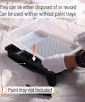 Person placing 9 Inch Paint Tray Liners Pack Of 10 For Quick Color Swaps White Plastic Roller Tray Liners That Fit Standard Trays