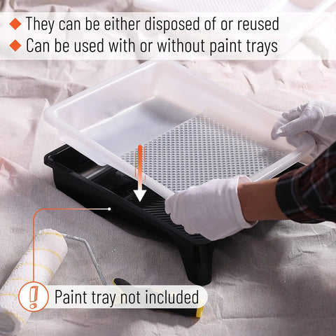 Person placing 9 Inch Paint Tray Liners Pack Of 10 For Quick Color Swaps White Plastic Roller Tray Liners That Fit Standard Trays