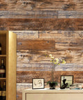 Peel And Stick Brown Wood Wallpaper No Mess Realistic Vintage Grain Self Adhesive Shiplap Style on living room wall.