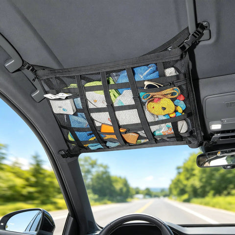 Overhead Car Cargo Net With 3 Pockets For Extra Roof Storage On Road Trips And Camping Durable Mesh Organizer in SUV