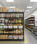 Beefed Up Storage Shelves With Adjustable Height, 3840 Lbs Capacity in industrial kitchen stocked with food items.