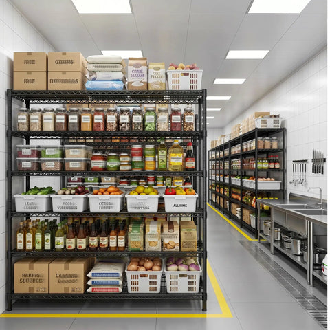 Beefed Up Storage Shelves With Adjustable Height, 3840 Lbs Capacity in industrial kitchen stocked with food items.