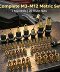 Heavy Duty Carbon Steel Rivet Nut Set With Seven Interchangeable Mandrels And Seventy Metric Inserts displayed on metal work surface.