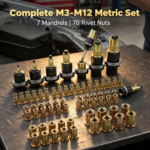 Heavy Duty Carbon Steel Rivet Nut Set With Seven Interchangeable Mandrels And Seventy Metric Inserts displayed on metal work surface.