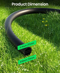 Close-up of black 100 Ft Half Inch Drip Irrigation Tubing Mainline Hose on grass, showing diameter dimensions.