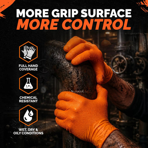 Hands wearing Heavy Duty 8 Mil Nitrile Gloves Chemical Resistant Tear Proof Work Gloves For Mechanics And Gardening gripping a pipe.