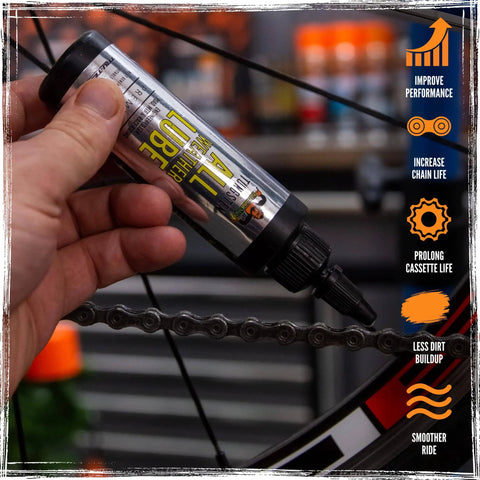 Applying BananaSlip Tungsten All Weather Lube For Road Mountain Race And EBike Use Wax Based Water Resistant Dry Formula Biodegradable Lubricant In 50ml Bottle For Ride Ready Smooth Shifts Across Any Terrain to bike chain