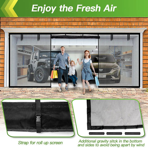 Family walking through 2 Car Garage Door Screen With Magnetic Closure Heavy Duty Weighted Bottom Self Sealing Hands Free Magnetic Screen Door For Easy Pass Through No Fuss Easy To Assemble 16x7 Ft Polyester No Odor