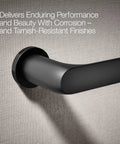 Avid Towel Arm Matte Black Open Ended Design For Easy Access Premium Metal Construction mounted on wall.