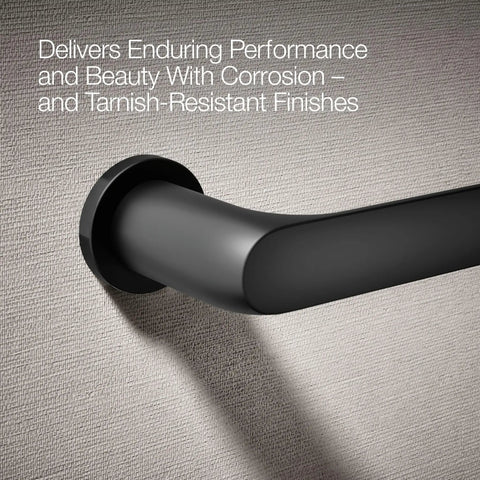 Avid Towel Arm Matte Black Open Ended Design For Easy Access Premium Metal Construction mounted on wall.