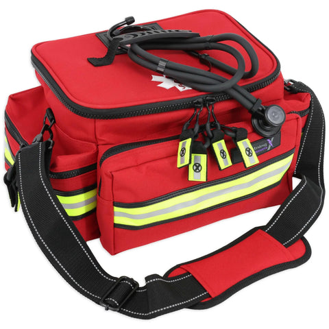 Red Lightning X mid-sized EMT bag with reflective stripes, multiple pockets, and a stethoscope on top, adjustable strap