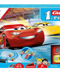 Box of Disney Pixar Cars Slot Car Race Set For Kids Ages 3 And Up, featuring Lightning McQueen and Dinoco Cruz.