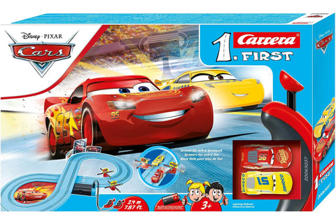 Box of Disney Pixar Cars Slot Car Race Set For Kids Ages 3 And Up, featuring Lightning McQueen and Dinoco Cruz.