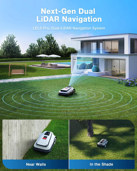 Goat A3000 LiDAR Robot Lawn Mower with Dual LiDAR navigation operating in large yard, cutting grass near walls and in shaded areas.