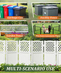 Outdoor Privacy Fence Kit With Four Lattice Panels For Yard And Patio Off White Resin Screen For Trash Bins And AC Units Durable UV Resistant Weatherproof Fencing shown in various uses including garbage and pet areas.
