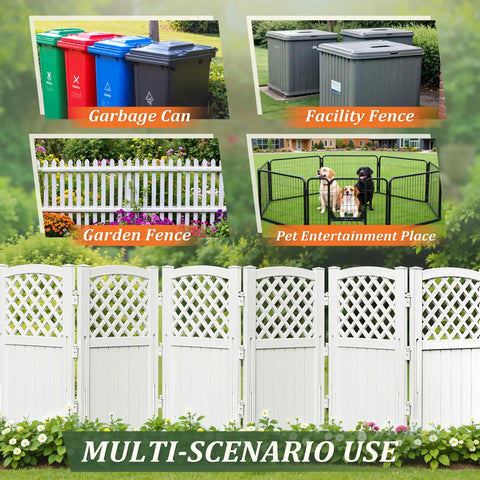 Outdoor Privacy Fence Kit With Four Lattice Panels For Yard And Patio Off White Resin Screen For Trash Bins And AC Units Durable UV Resistant Weatherproof Fencing shown in various uses including garbage and pet areas.