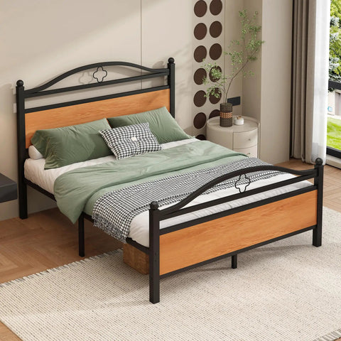 Rock Solid Full Bed Frame With Integrated Headboard, Hella Sturdy Steel Slat Base, Massive Under Bed Storage, Zero Squeak Nightly Rest, Sleek Matte Black Finish, Essential Mattress Foundation in an elegant bedroom setting.