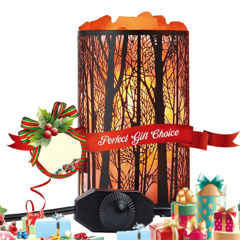Himalayan Salt Lamp With Forest Design Metal Basket Natural Night Light With Dimmer Switch 25W Bulb Included ETL Cord Cozy Amber Glow To Boost Mood And Create A Chill Romantic Vibe, shown with holiday decorations