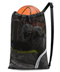 Mesh Drawstring Backpack For Beach And Pool, Lightweight Cinch Bag With Zip Pocket, foldable tote holding basketball and gear, Black.