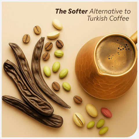 Minnettar Dibek Coffee With Carob And Pistachio Stone Ground Turkish Blend with cezve pot and ingredients