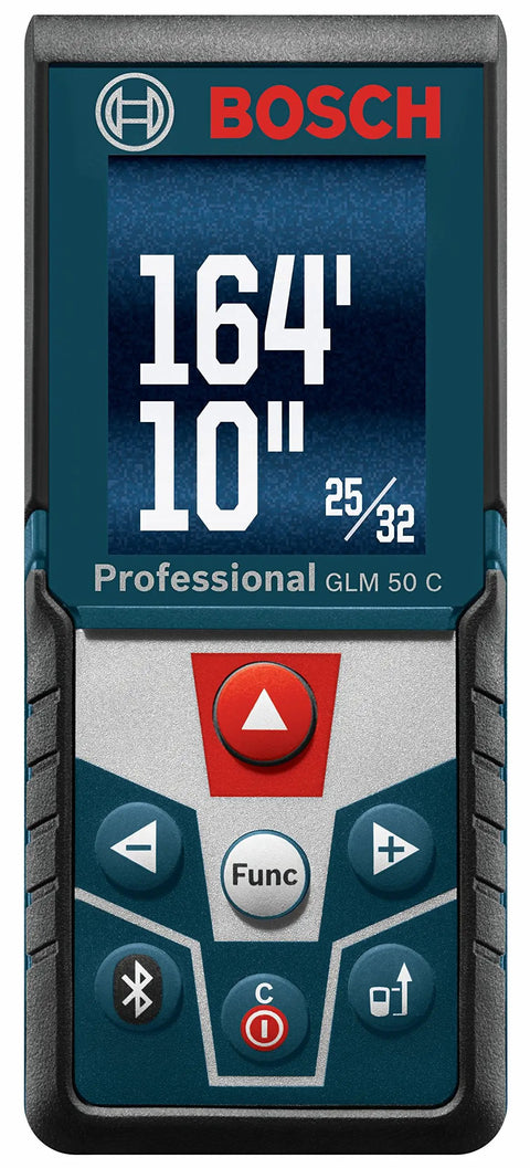Front view of GLM 50 C Laser Distance Meter 165 Ft With Backlit Display showing measurement of 164 ft 10 inches