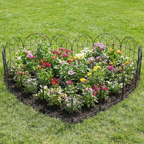 Arch Black No Dig Metal Garden Fence Panels, 6 Pack, Rustproof Border Fencing For Flower Beds, Rabbits And Dogs, 24 Inches High, Easy Setup, 6 Feet Long, Decorative Patio Yard Fence surrounding flower bed.
