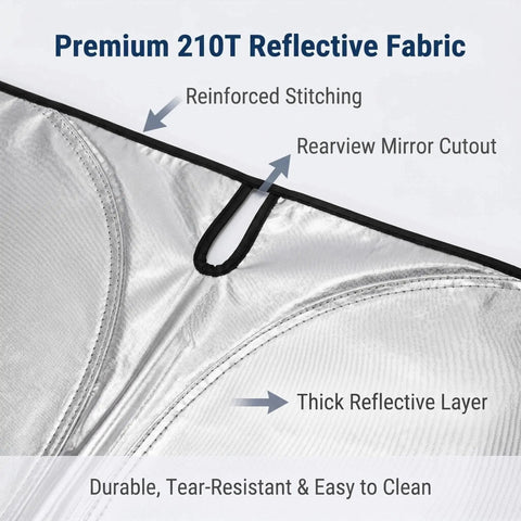 Close-up of Premium 210T reflective fabric for Tailored Fit Windshield Sun Shade For Rivian R2, showcasing reinforced stitching and rearview mirror cutout.