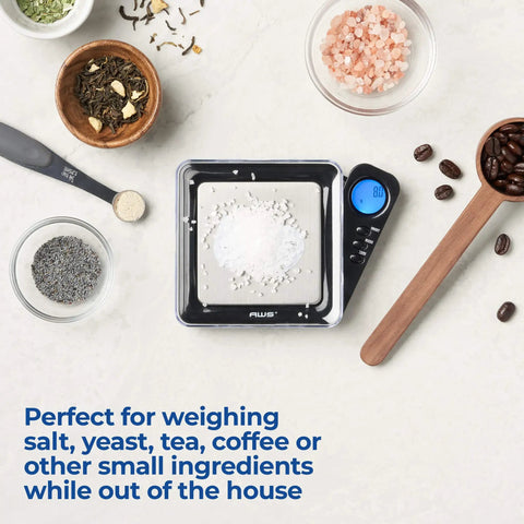 Blade Series Pocket Gram Scale 1000g x 0.1g With Precision 0.1g Accuracy weighing white powder with tea and salt on counter