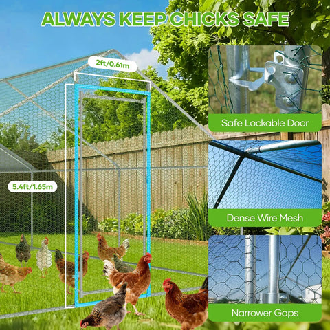 Large Metal Chicken Coop Walk In Runs 10x20 Feet With Cover For 30 Chickens Hen House Enclosure With Security Lock shown in a backyard