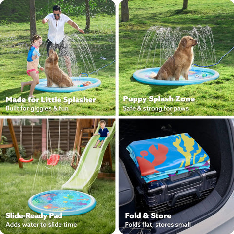 60 Inch Splash Pad Water Toy For Kids And Toddlers, Slip-Resistant Sprinkler Mat shown with kids and dogs enjoying water play.