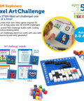 STEM Explorers Pixel Art Challenge Kit For Kids with foam pixel blocks, tray, and sample pattern challenges shown for ages 5+